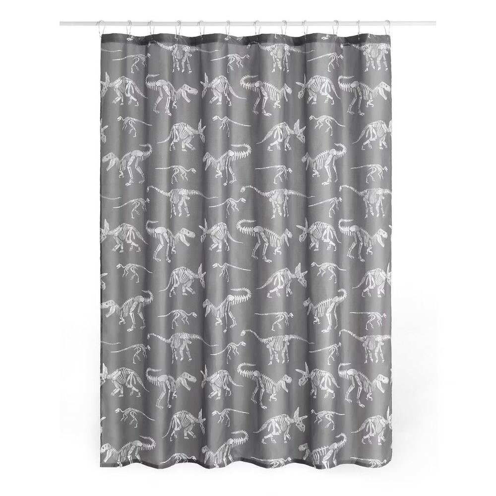 Gray Dino Shower Curtain with Hooks Your Zone Kids Dinosaurs Grey White 13pc Set